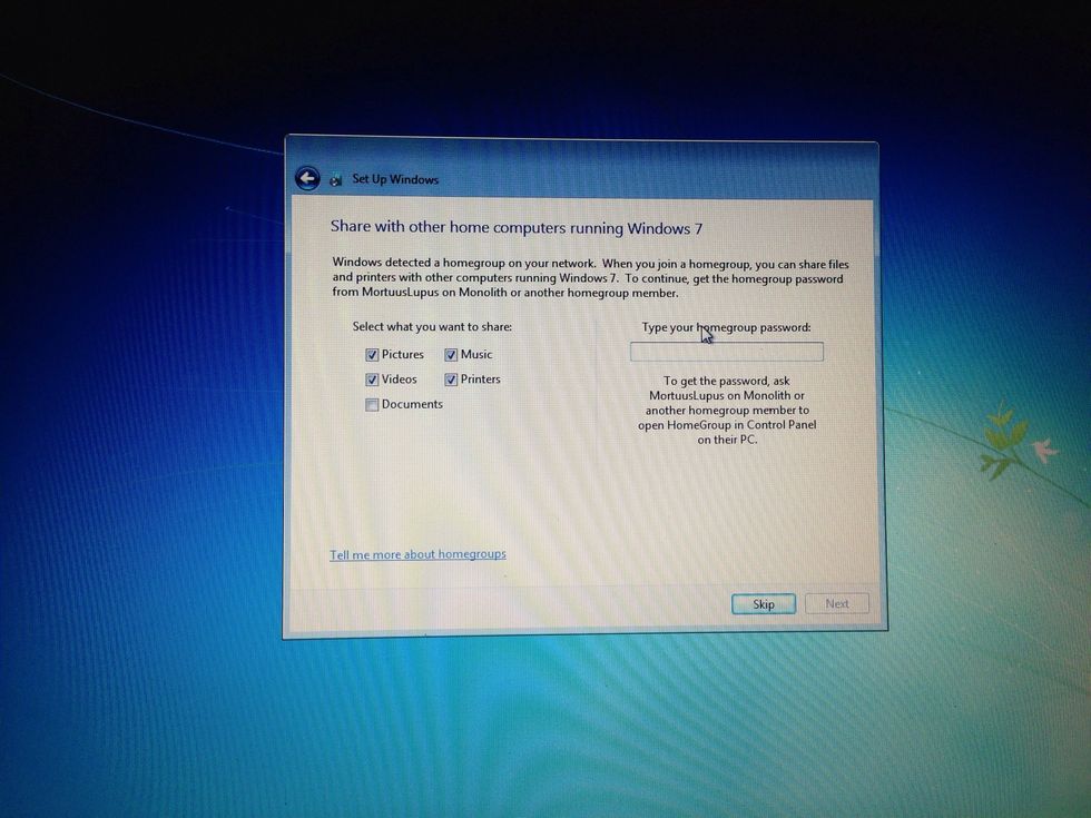 This is an optional step to set up a home group with other computers running windows 7. You can skip this step. I did. :)