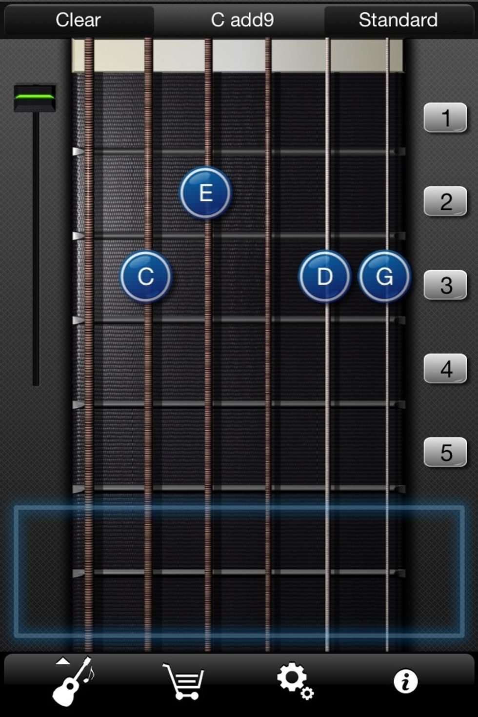 This is C add9. All you have to do to move here from G is take your 1st and 2nd finger and move them down a string.