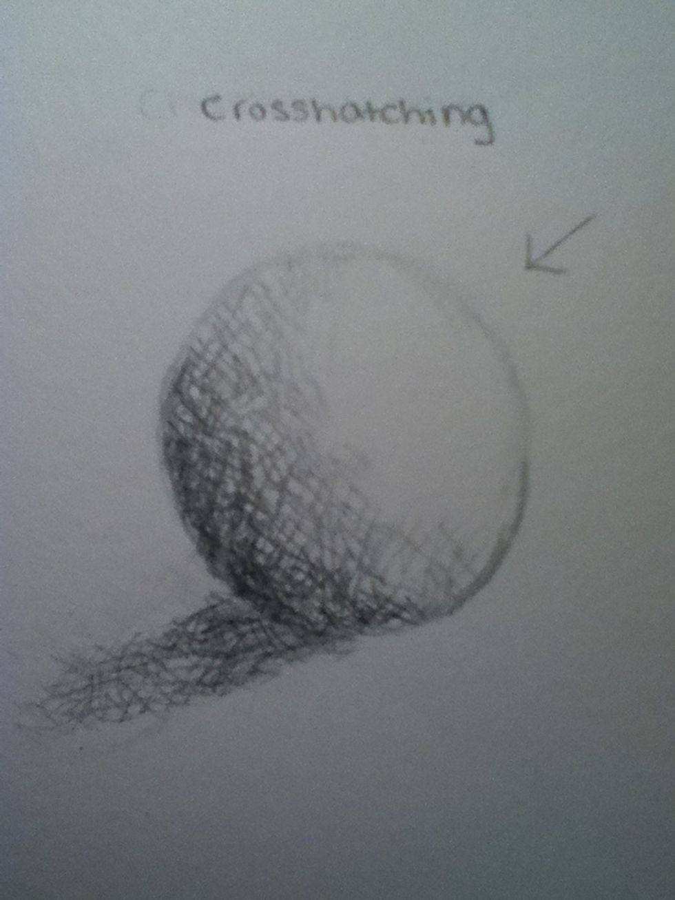 This is cross hatching, the arrows on all my examples represent the light. So in cross hatching, the way to create the effect is pressure and overlapping. More pressure and overlapping for darker....