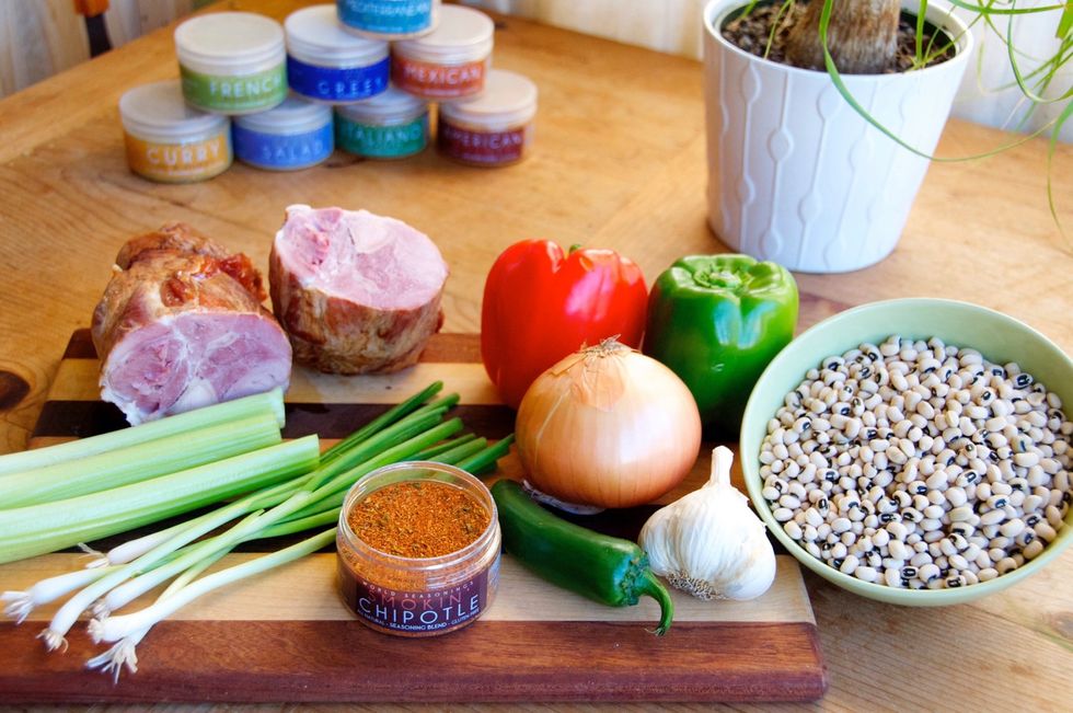 This is everything that you need except the cooked rice.  Make sure you inspect and sort the peas first so you only have peas, no pebbles! Sometimes little pebbles get bagged with the peas, be warned!