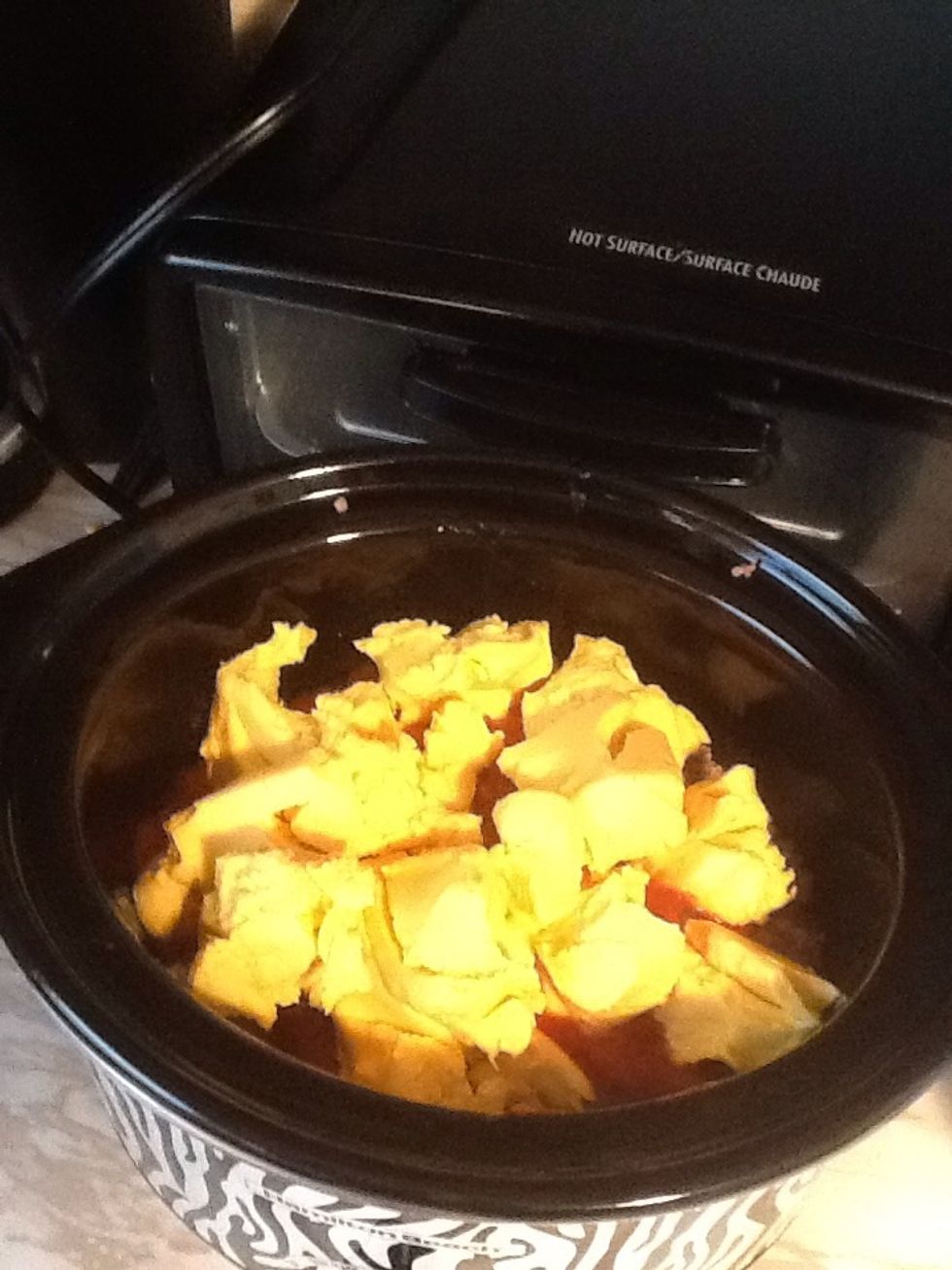 This is everything together in the crockpot. (i like to break my cheese up so it will melt faster)