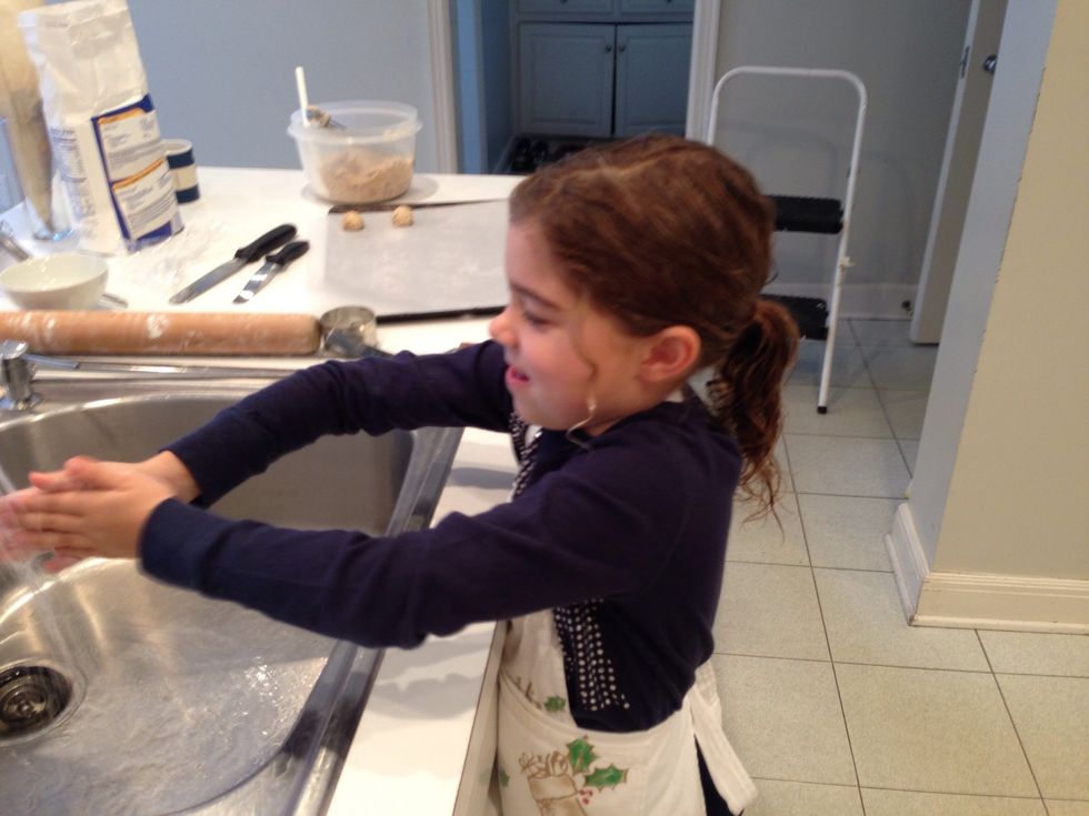 This is Hildegard doing the most important thing a baker does in the kitchen . WASH YOUR HANDS! You know all the gross and disgusting things your hands might touch during the day and so do I.