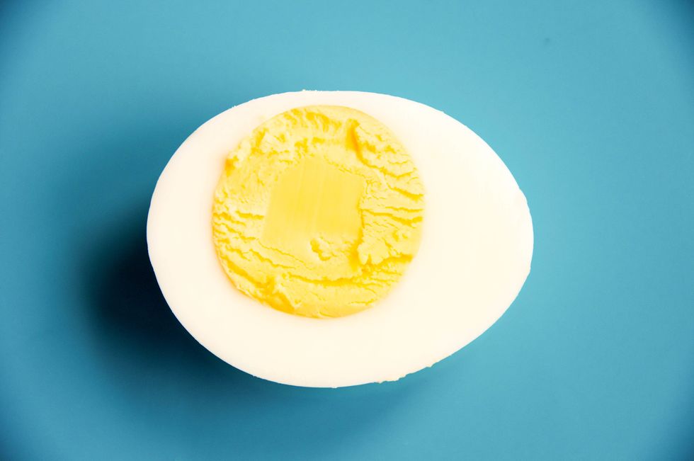 This is how a perfectly "hard" cooked egg should look for this recipe. You want to make sure the yolk is thoroughly cooked. It's easy to under cook so follow our tips on "steaming" the eggs.