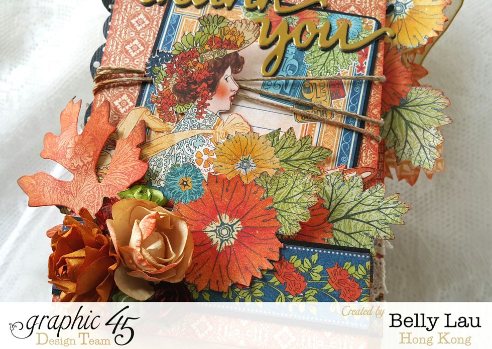 This is how I decorate the front of the tag album, fussy cuts, die-cut leaves, paper flowers and die-cut wordings.