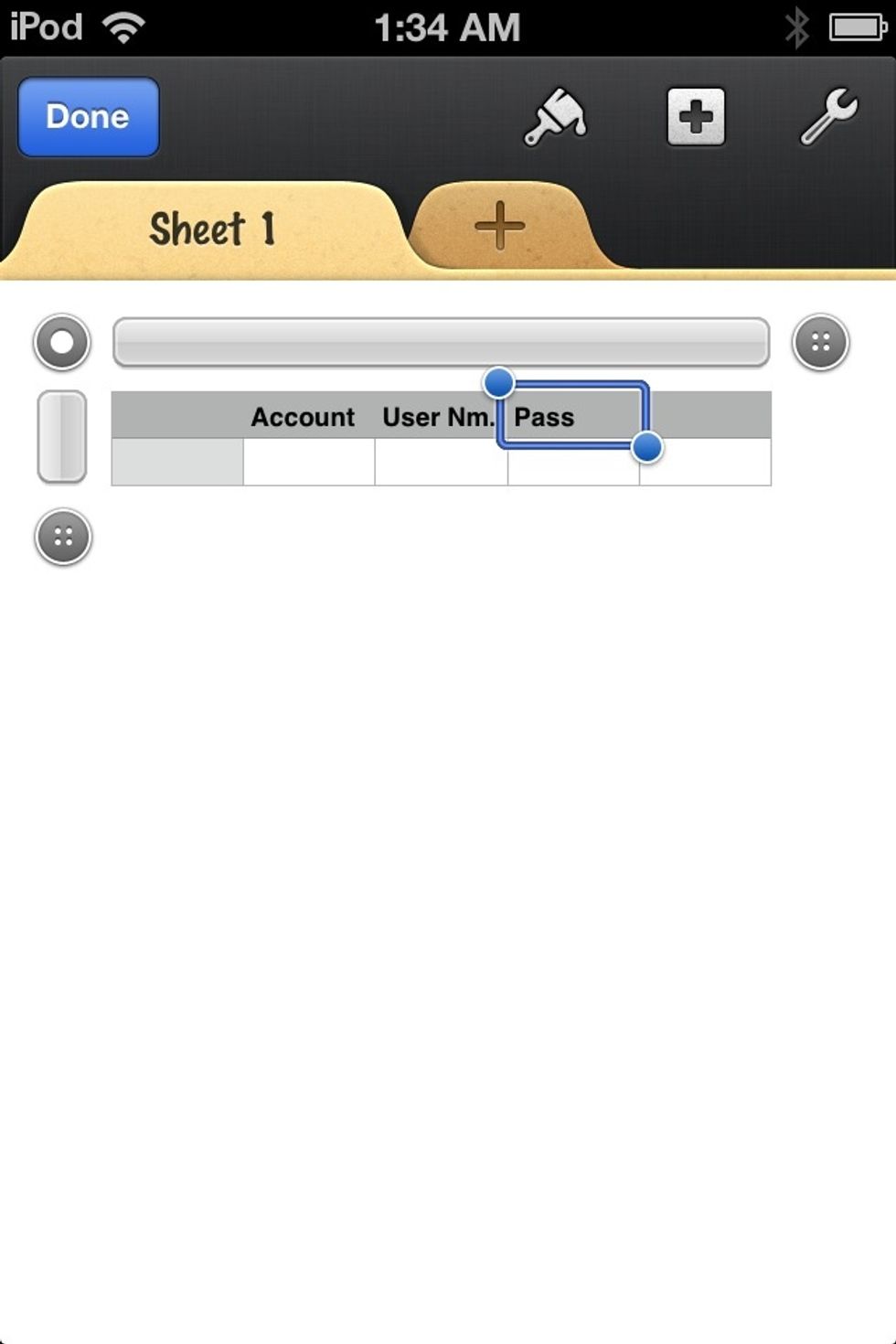 This is how it should look. Now, we could poke in information into each cell, but that would take too long. There is a faster way using FORMS. Tap the BROWN + tab next to "Sheet 1."