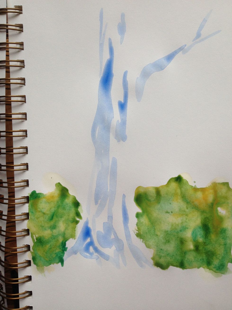 This is how my bleeds turned out. I left more ochre at the top where more sun would hit the bushes. I added more green at the base where the bush would throw a shadow.