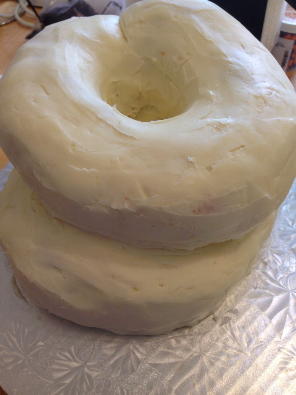 This is how the ganached cakes looked as I was smoothing them out. You use a hot spatula or knife (I dipped in hot water and dried it off before using it) to smooth the ganache. Worked like a charm!