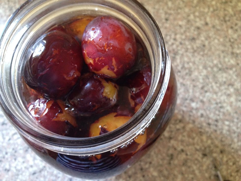 This is how the plums look like on day 3. They are now done. Lid on while the pickle is still boiling hot. Store at room temperature in a dark place. Will keep unopened  up to a year.