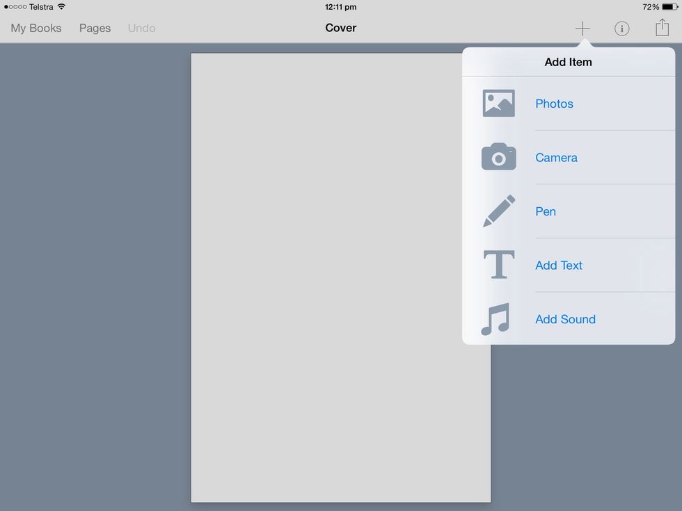 This is how you add thing, so photos is choose a photo from your photo library, camera is take a photo, pen is draw, text is wright, sound is record sound.