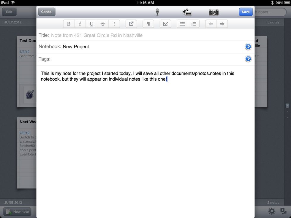 This is how your new note will look on an iPad tablet. Every new note you add for your project should be inside your New Project notebook.