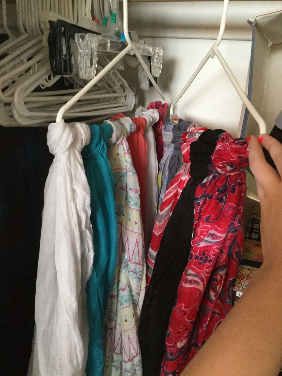 This is just to show how much space it saves to have like 11ish scarves on only two hangers! (I angled one of the hangers so that you could see all of the scarves.)