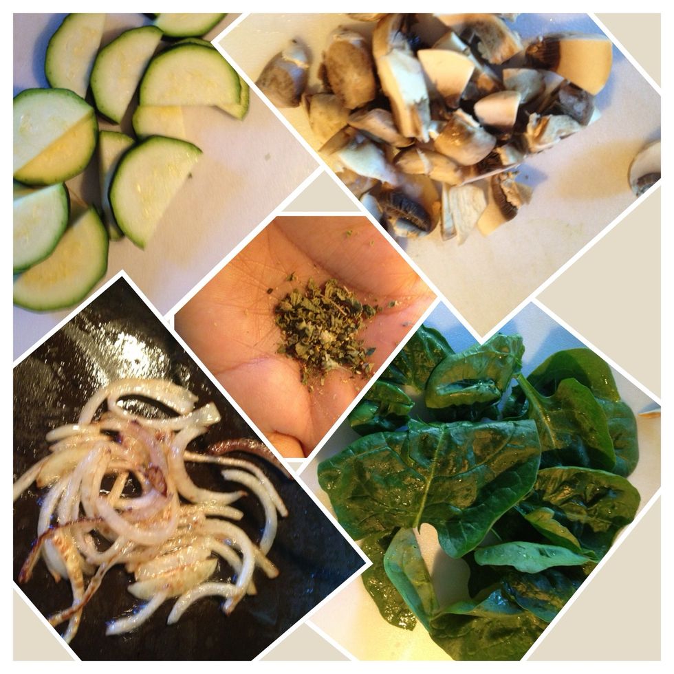 This is made quick. Get all the ingredients out. Slice the onion, cut the zucchini & mushroom. Wash the spinach & remove stems. Oregano is in the pic cause I liked the pic. :0)