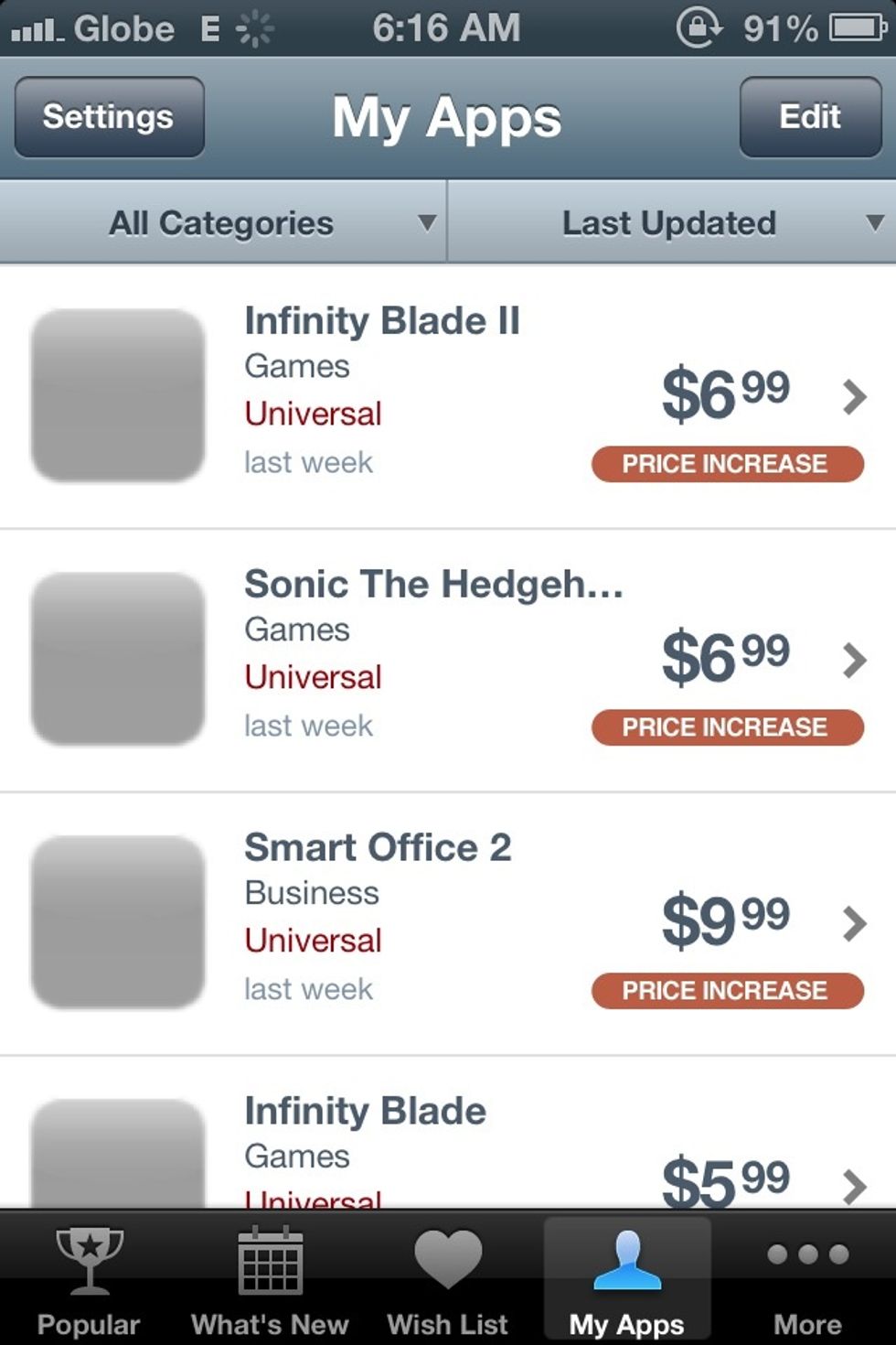 This is My Apps tab that i owned. you will still get notification for PRICE CHANGE and Updates even if you own the app. you can option out by unchecking the I OWN IT if you dont want Notifications.