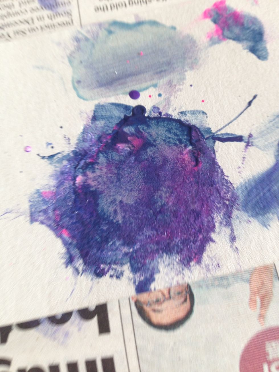 This is my favorite mixture of colors for this cover. I used 8 drops of dark blue, 3 drops of hot pink, 6 drops of purple, and 3 drops of white.Just dip your sponge onto the mixture and start dabbing!