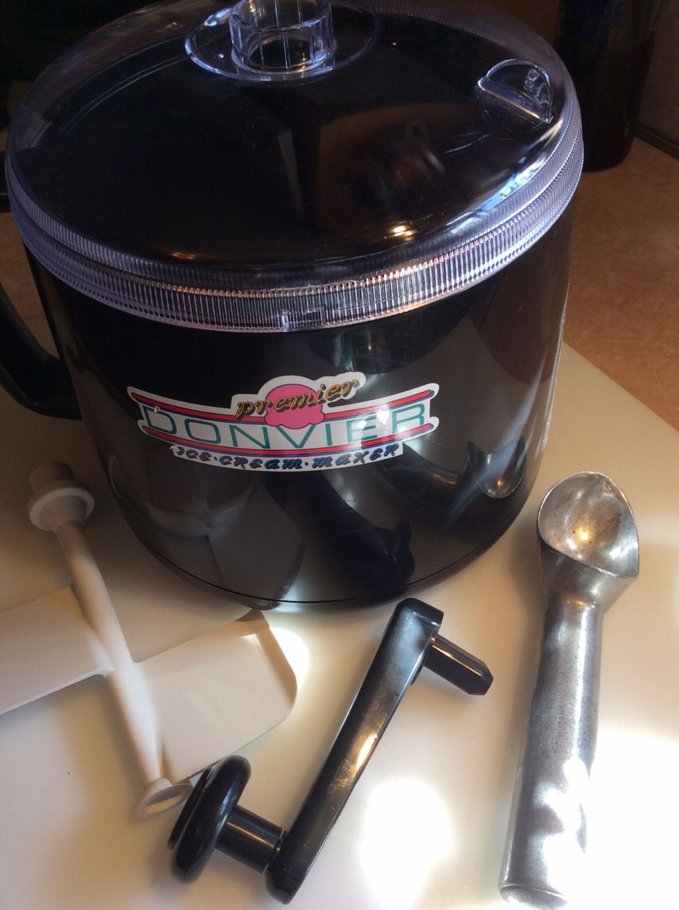 This is my ice cream maker. Equipped with a frozen insert to chill the mixture into frozen cream.