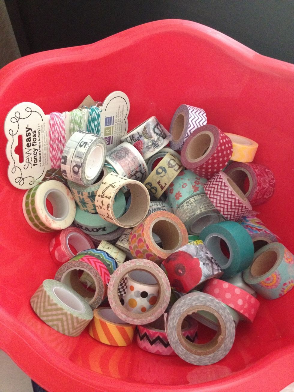 This is my washi tape collection. As I work on this project I will be adding pieces of tape that work well with my color palette. How did that bakers twine end up in there?! ;)