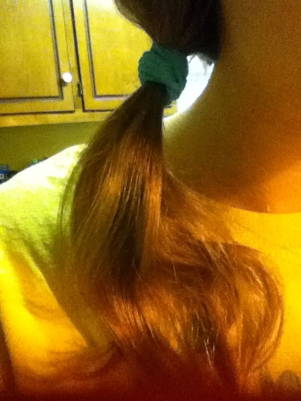 This is optional, but recommend. Put a ponytail holder in your hair where you want the dye to stop. I have two ponytails but I just took a picture of one