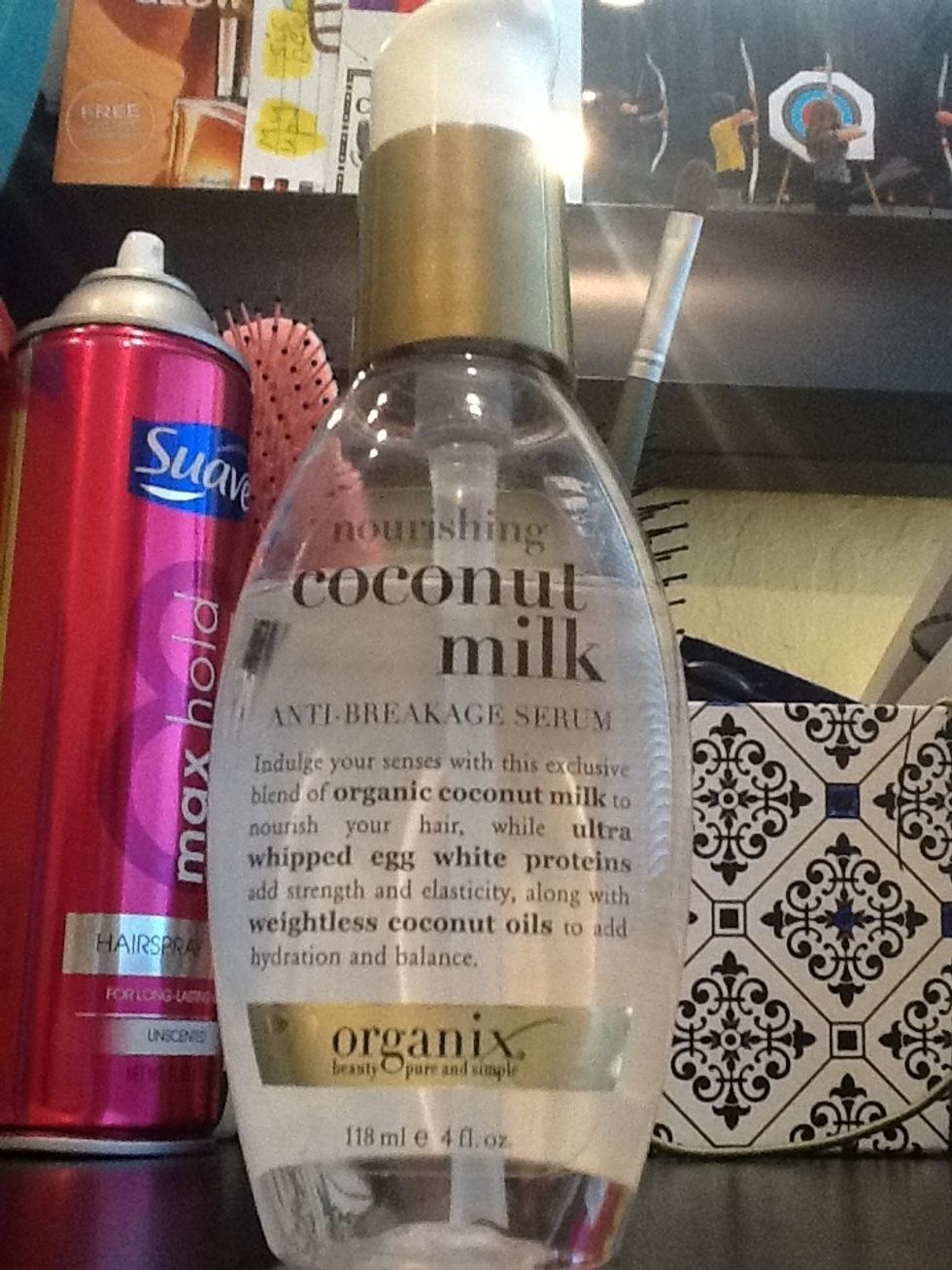 this is organic coconut oil anti breakage serum. I just put this on after a shower and it makes my hair really soft! if you put too much it makes your hair really oily!\ud83d\ude14  about 7 dollars.