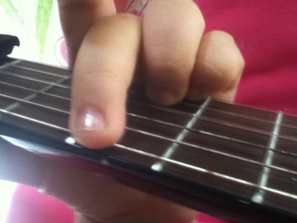 This is our third chord, (you can put a G too) you take off the index and put the middle one at the 6th string in the 3rd (5th) fret. In this one you play the 6th and 3rd strings.