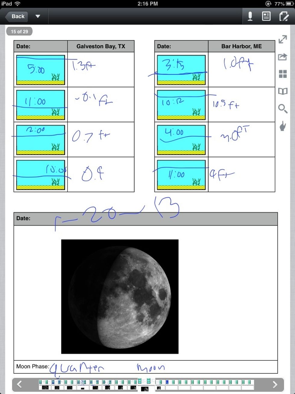This is our tides and how the moon effects tides the moon effects tides because the moons gravity pulls it and we look at a graph to figure out the tides what time they occur and how many ft they are