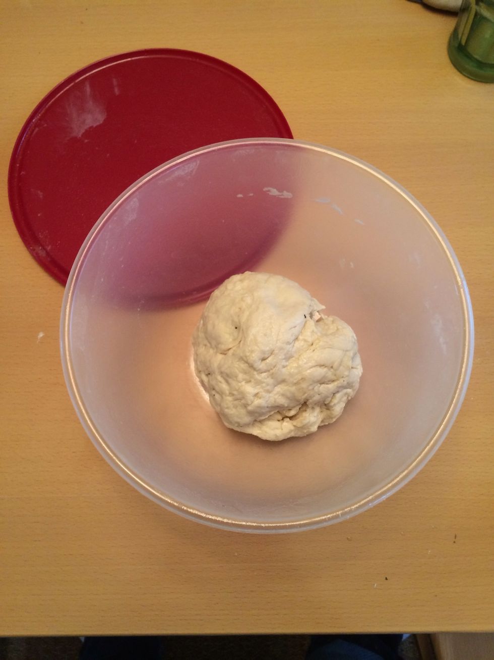 This is roughly what it should look like. Maybe a little different if you didn't add oil. Let sit in warm area for 2 hours, covered, to rise.