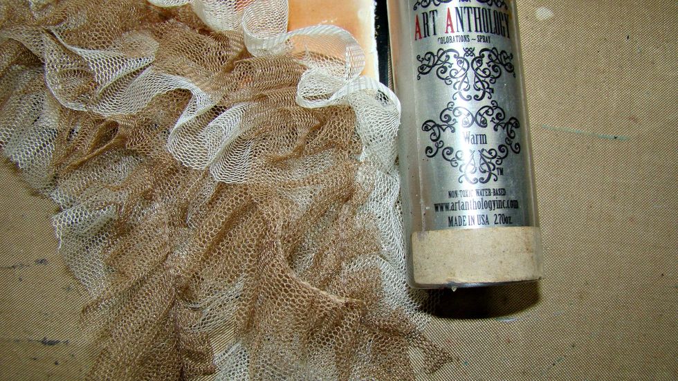 This is ruffled tulle that I am using for my ladies dress, Some I left natural, the other I sprayed it with Warm Colorations Spray. Heat set.