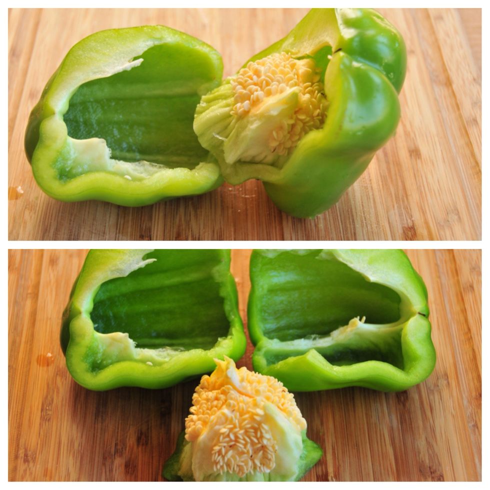 This is s quick and easy way to remove the seeds from s bell pepper. Cut the pepper down the middle, but not all the way through.  Simply pull the pepper open then remove the seed pod.  Simple...