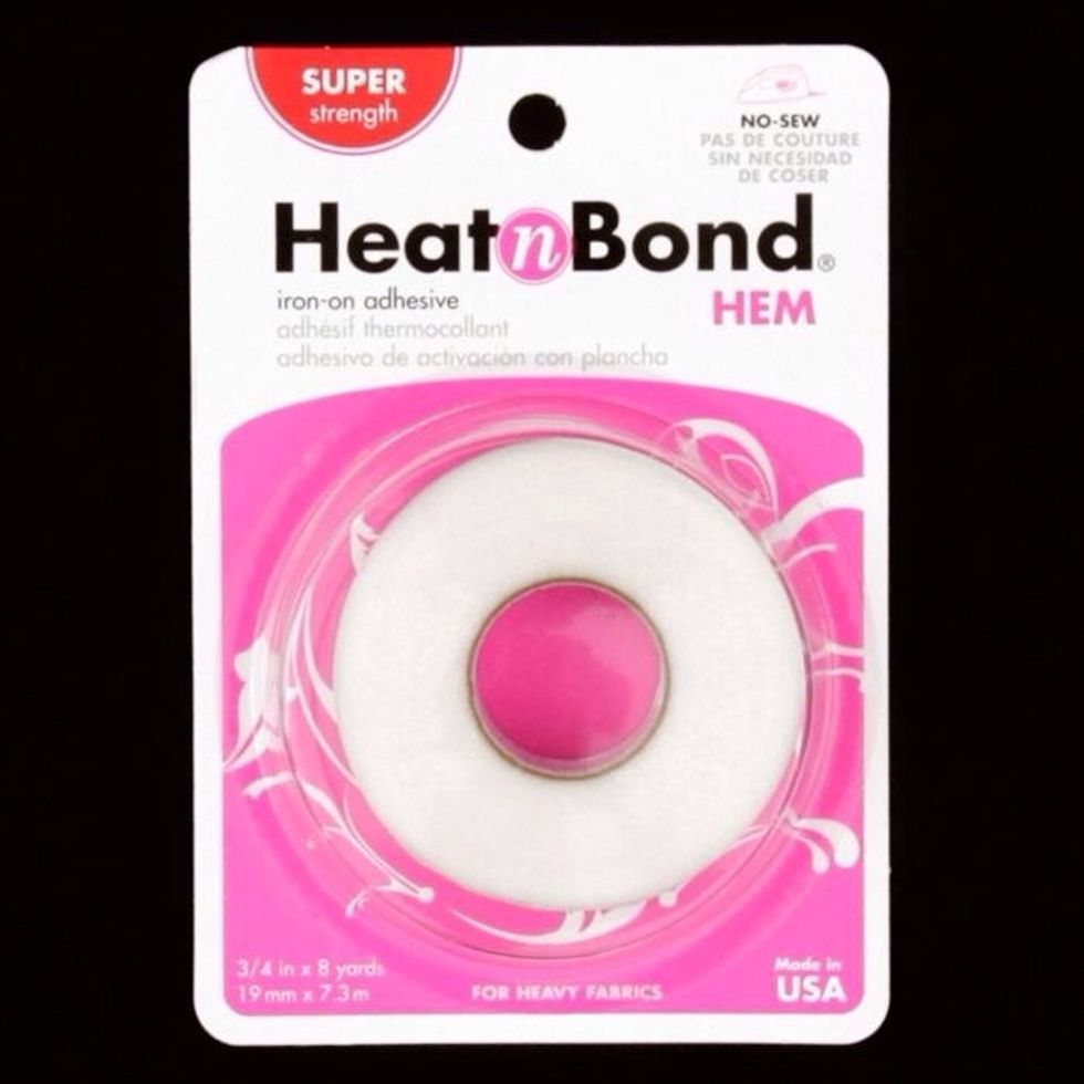 This is the adhesive hem tape that is a miracle for us sewing machine challenged. It's about $3-4 depending on what size. I got a four pack and cost me $5.89.