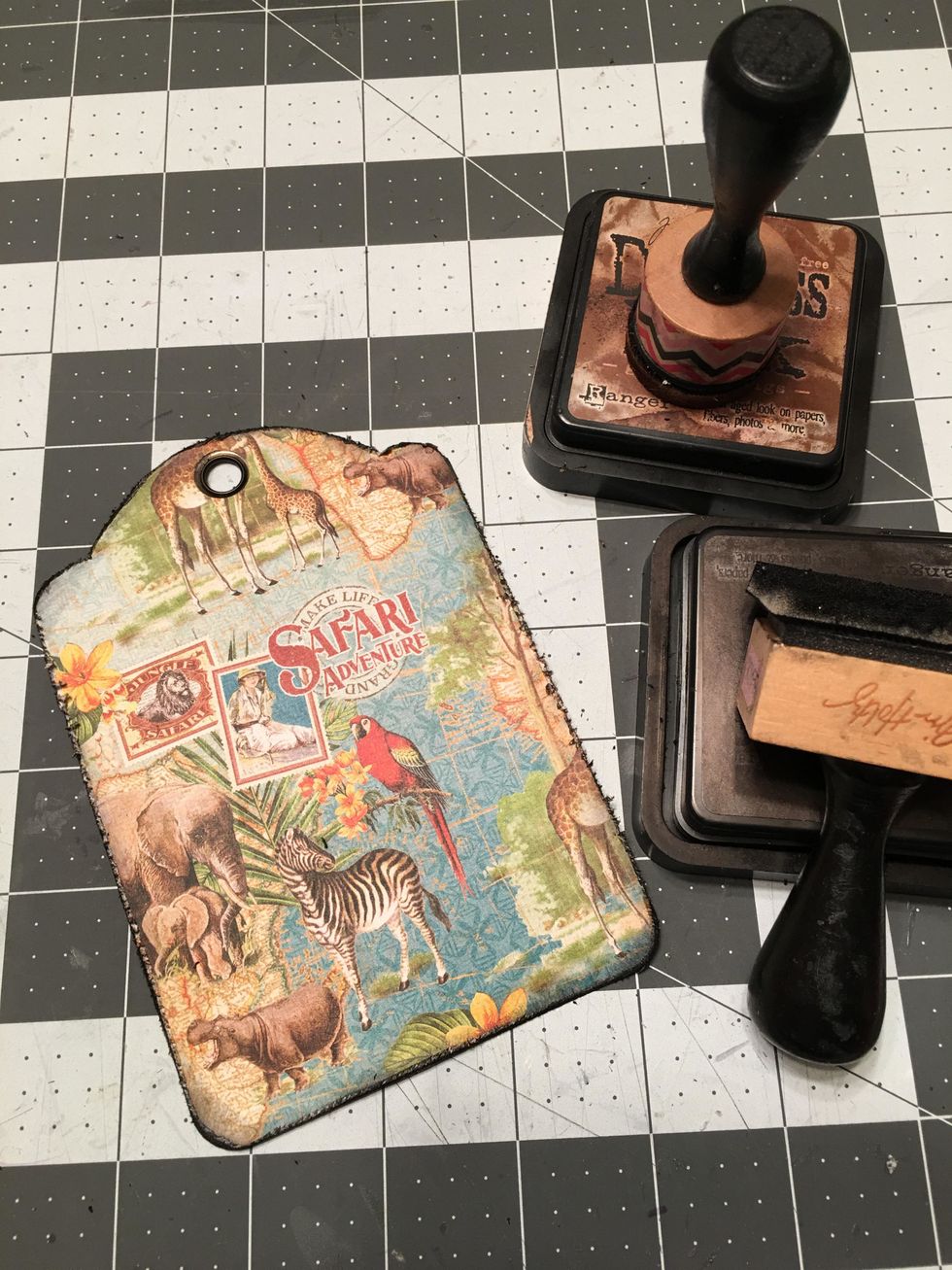 This is the back side of the first tag after it has been distressed and inked.