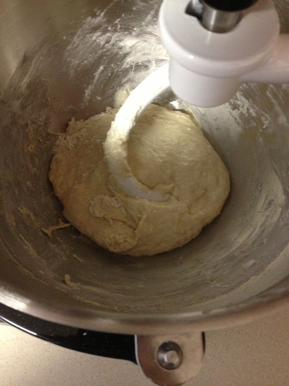 This is the dough after the second addition of flour, the dough is still very sticky