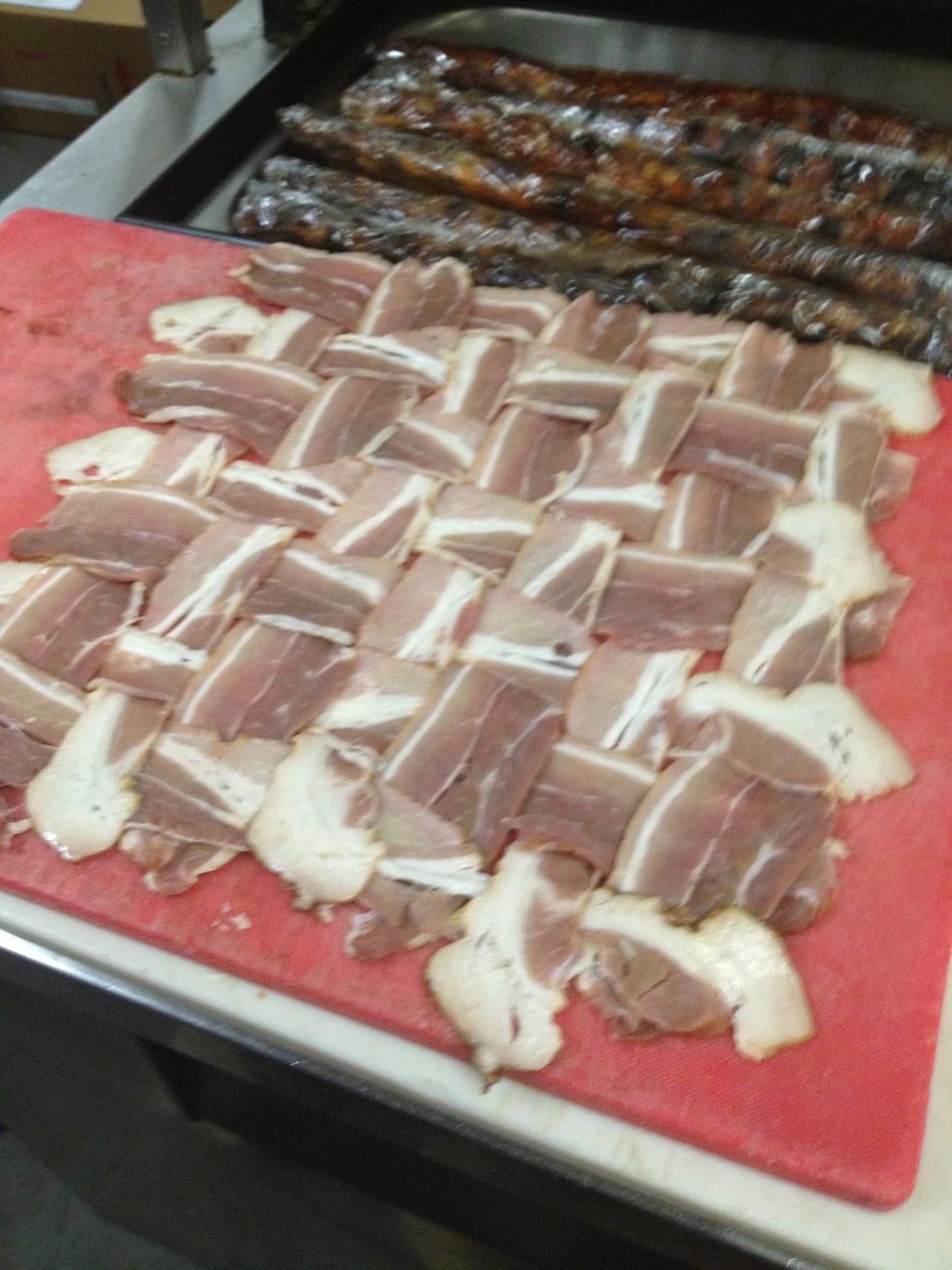 This is the final size of our bacon weave. It was about 7 x 7 bacon strips
