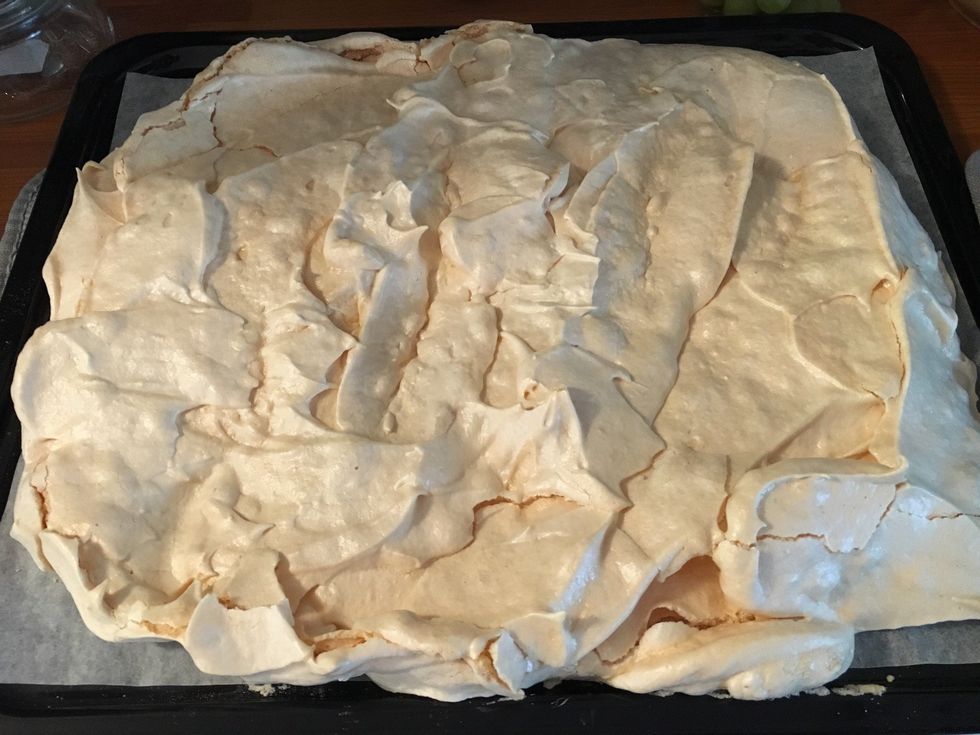This is the finished meringue. If you prefer you can buy ready made meringue but the homemade is so much better! We did ours on 8 egg whites to a company of 8 adults & 3 kids.