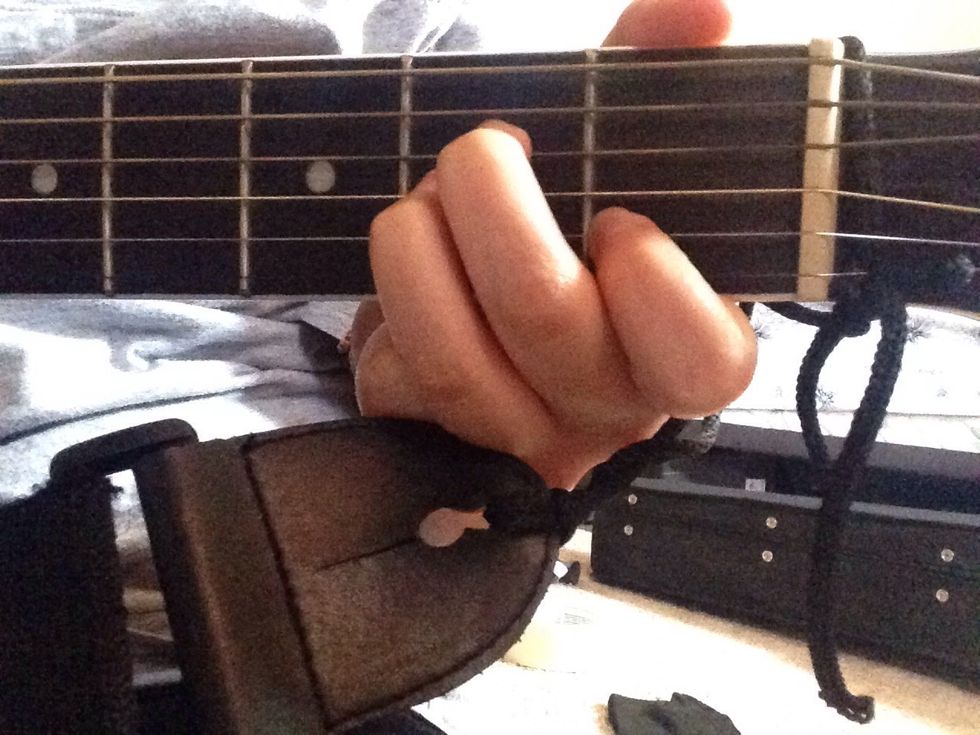 This is the first chord in the song. It's labeled as Am, or A-minor. All it takes is 3 fingers to play the chord!