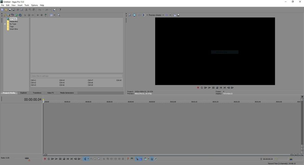 This is the general view of what you will see once you've opened up Sony Vegas Pro 13. Other video editing programs made by Sony are all similar to this layout