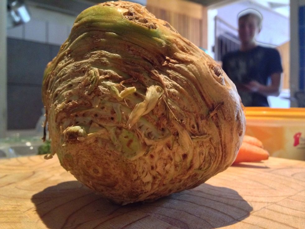 This is the hideous looking celeriac root. It's fantastic though. It's flavour is like parsnip without the bite, with a slight celery under current and potato texture. We do it two ways in this dish.