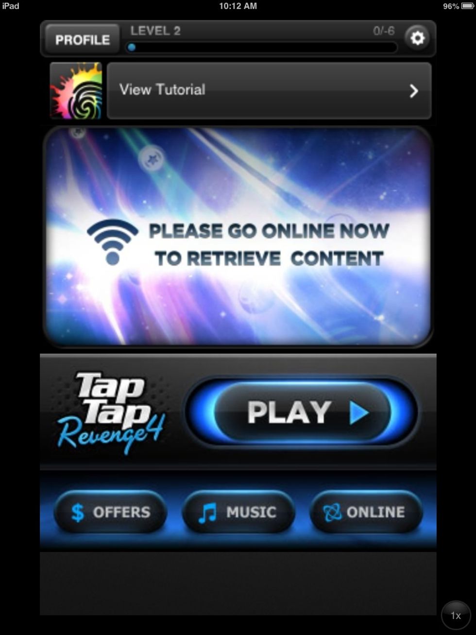 This is the homepage of the app. On here you can click play to play the game, check out your profile and get music.