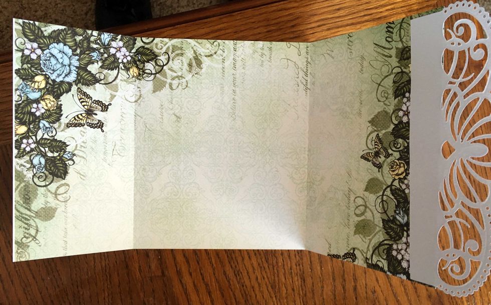 This is the inside of the card before adding other 6" x 12" piece.  It is so pretty that it could be left without adding but the sentiment inside the card.