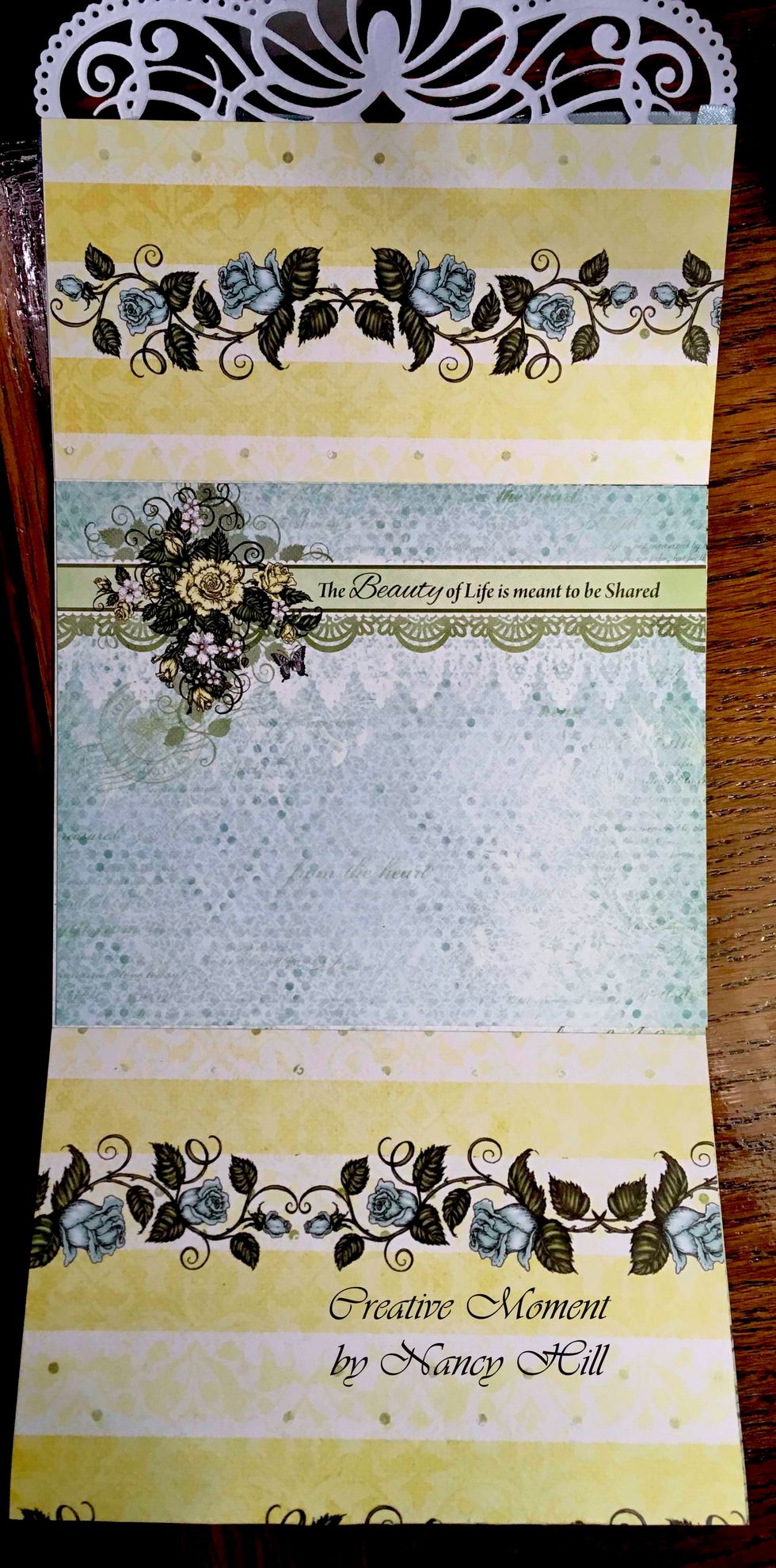 This is the inside of the card.  I used the remaining paper 6" x 12" piece that was left over and cut the  3" x 6" for the top and 4" x 6" for the bottom.