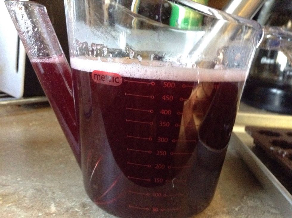 This is the juice and gelatine topped up with water, just over 2 cups.  Microwave on high for 1 min watching closely, gelatine will boil faster than you think.