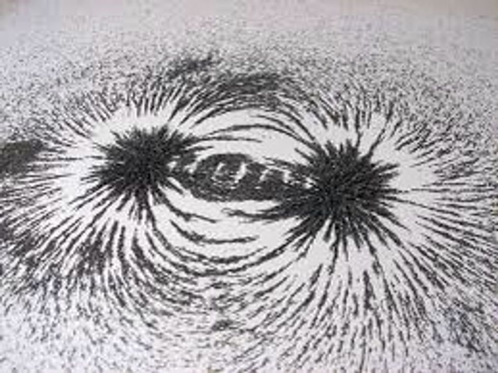 This is the magnetic field. If you have a magnet that doesn't specify which side is north, use this method. All you need is iron shavings. Put the magnet under a piece of paper. Put the shavings.