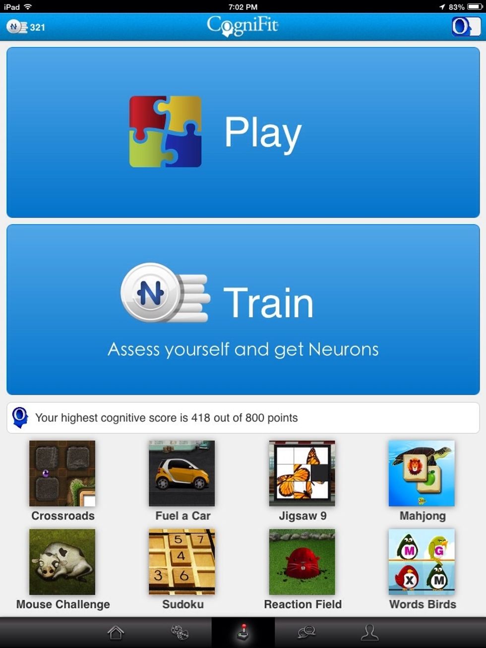 This is the main screen for the app. It displays the many games this app offers and two unique ways to play these games that test your cognitive abilities!