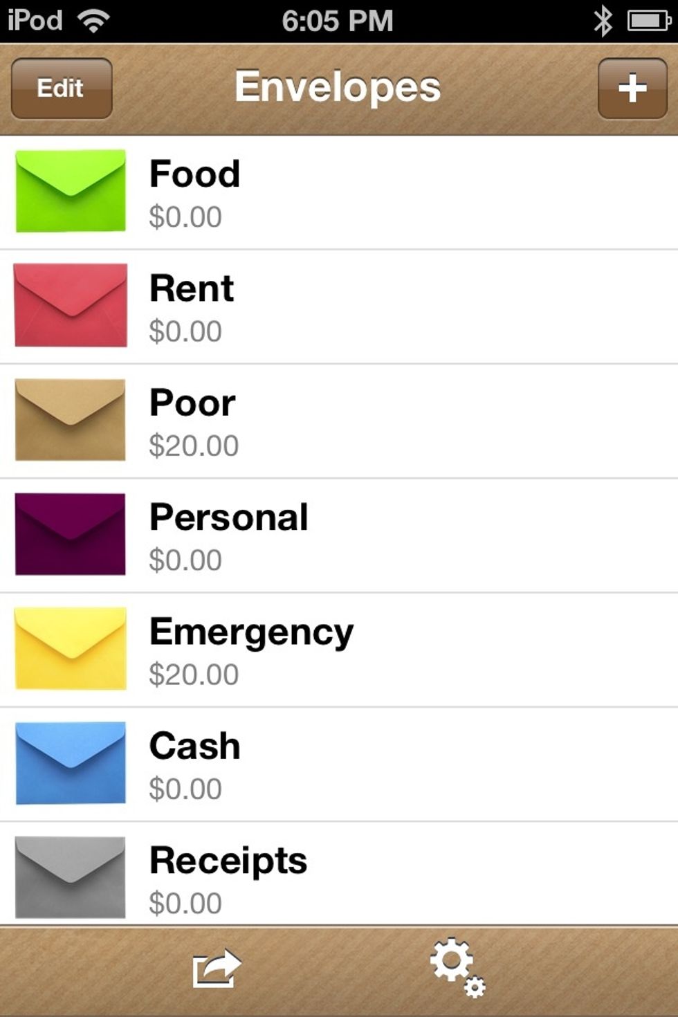 This is the MAIN SCREEN. I have already created a few envelopes. Tap the SETTINGS icon at the bottom right of the screen (It looks like GEARS).