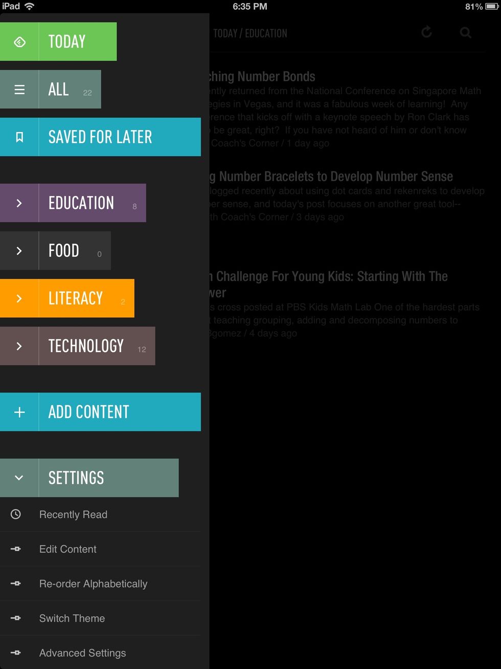 This is the menu that pops up when you launch the app. You have access to new content, all your categories, settings and your saved articles.