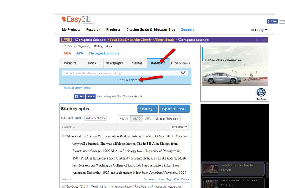 This is the method you use to add a citation that is provided in an article from an encyclopedia or from a database. Just copy the citation and paste.