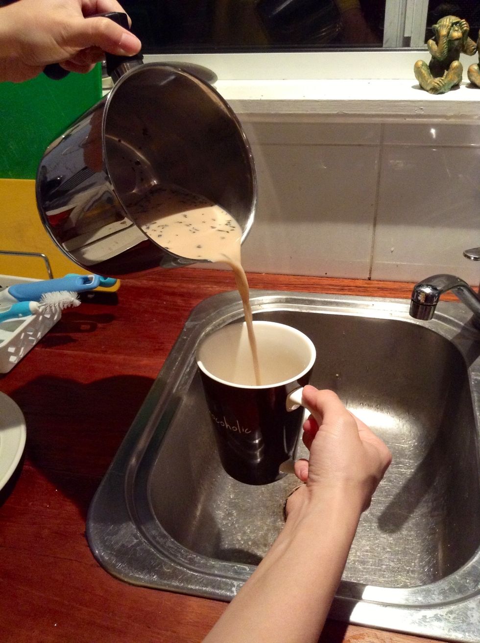 This is the most important part: pour your chai from the saucepan into your cup, then pour from the cup back into the saucepan. Repeat 5 times. What you are doing is aerating the chai tea!