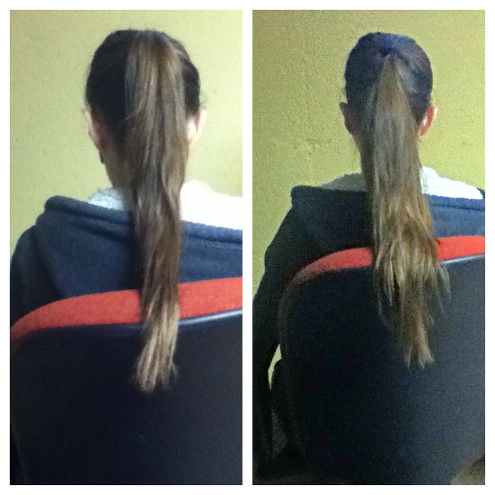 This is the original ponytail compared to the extended one. The one on the left is in the same position as the extended one one the right, showing just how long this makes your hair!