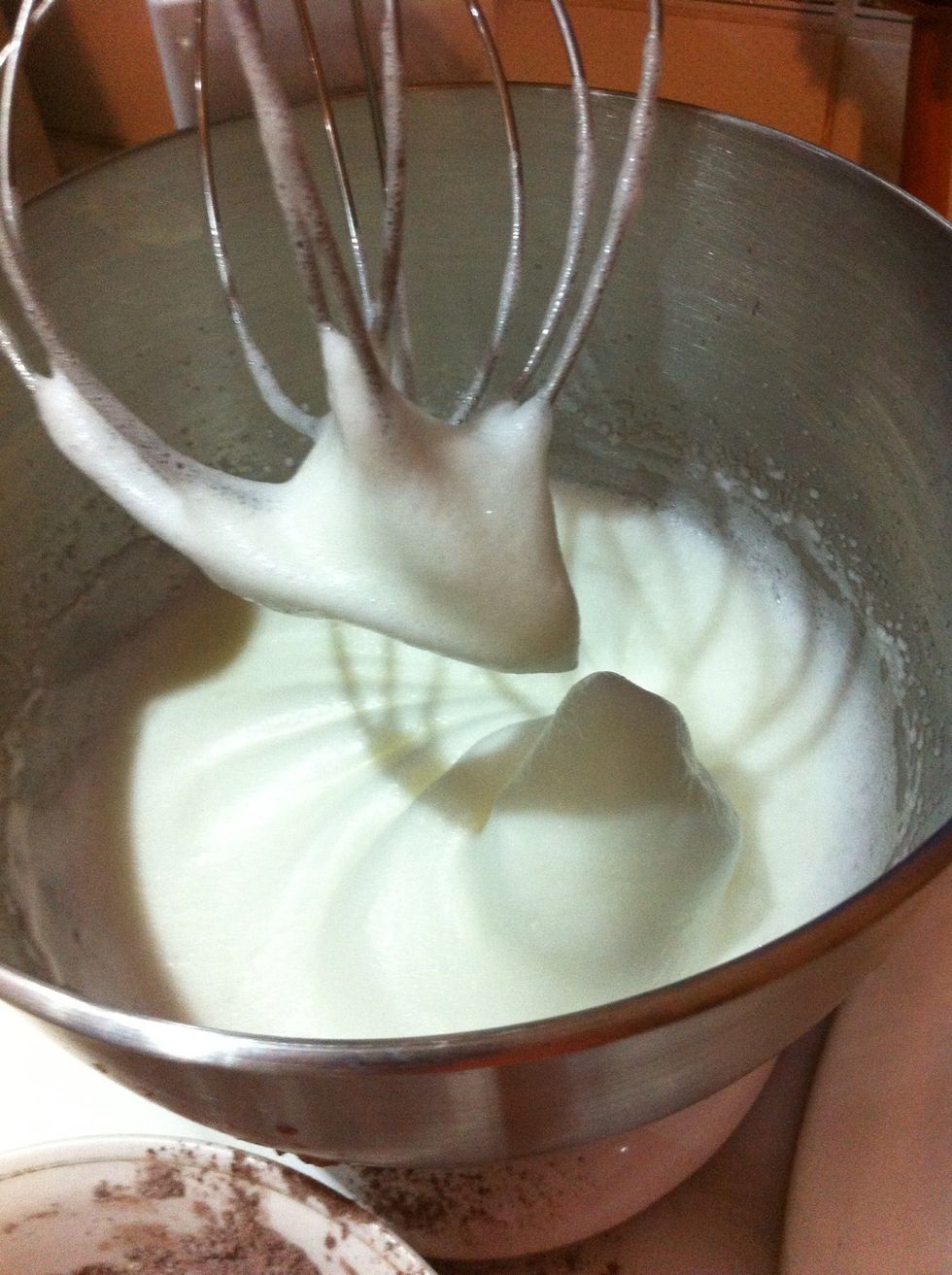 This is the right consistency for egg whites. Foamy and pure white. You can check by turning your cup upside down to see if foams are dripping. If they don't move when you turn the cup, Its all set!!