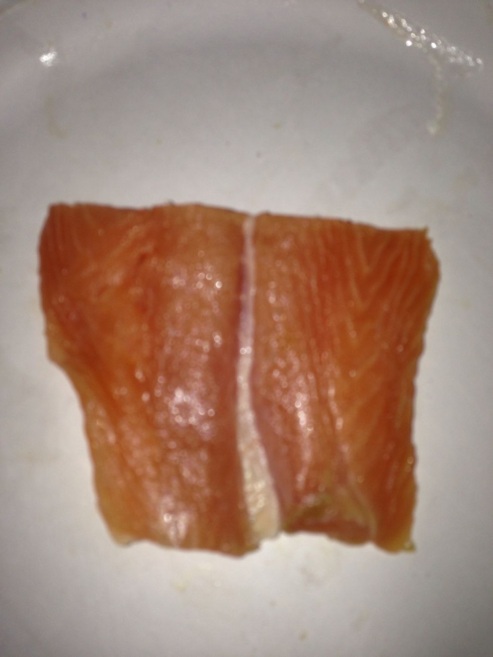 This is the same piece of salmon with the skin side down. See how it is more consistent in color.