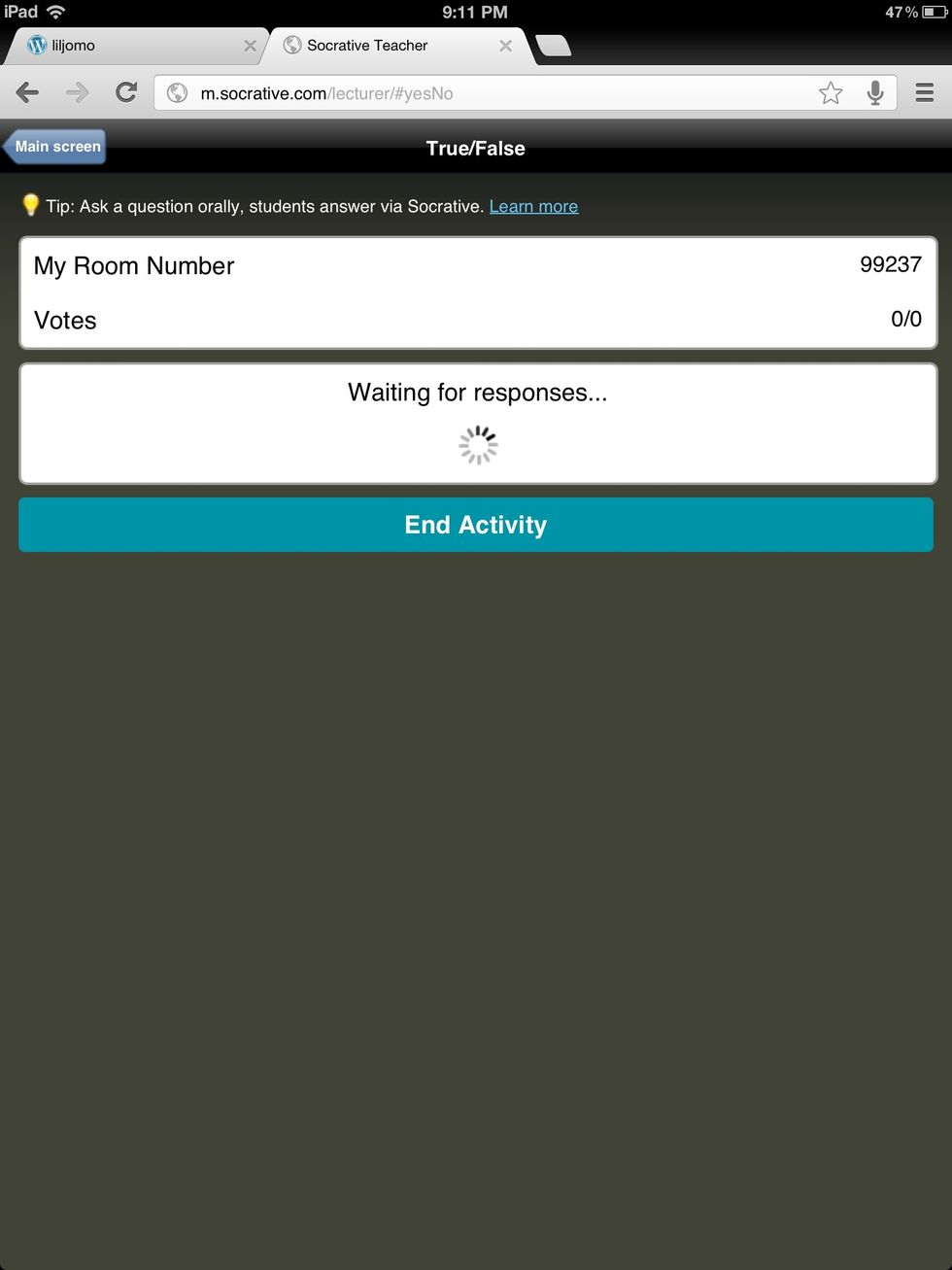 This is the screen you will see on teacher device while students are answering questions.
