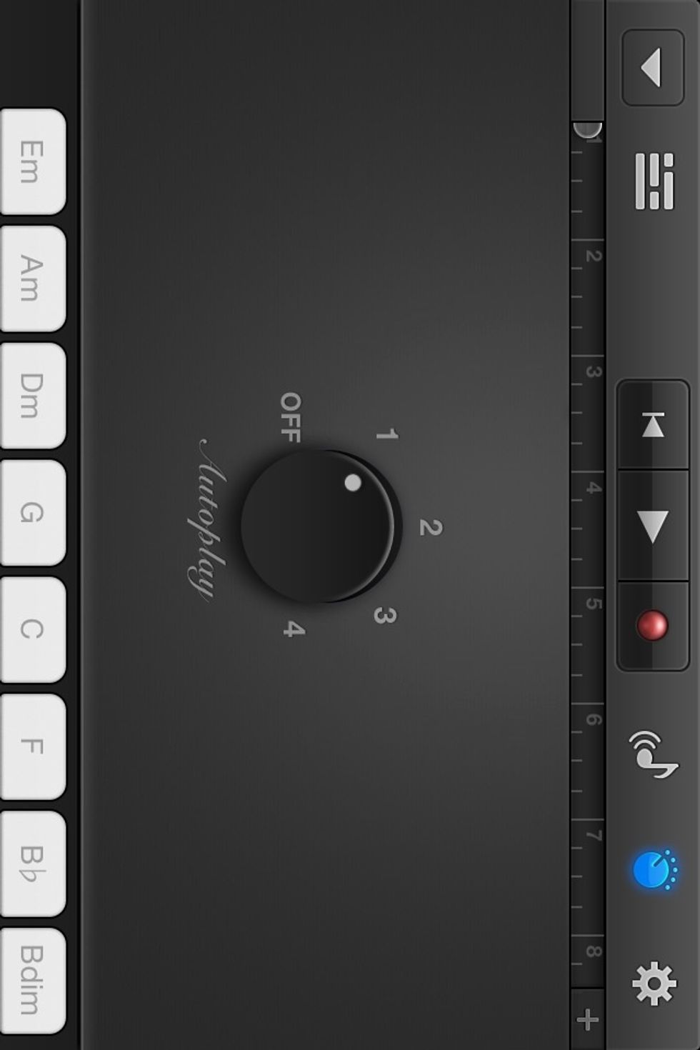This is the Smart Keyboard's AUTOPLAY feature. It will generate a tune automatically with just the tap of a finger. I set the dial to 1. Tap the grey dial icon again to exit.